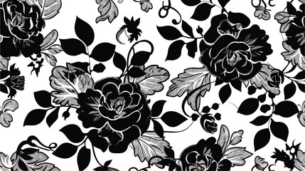 Lace black seamless pattern with flowers on a white background