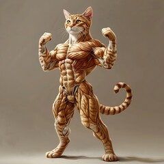 Muscular Tabby Feline Flexing and Posing with Chiseled Anatomy and Glossy Fur in Studio Setting - 797830750