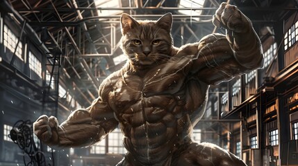 Muscular Tabby Cat Striking Powerful Bodybuilding Pose in Industrial Warehouse Setting - 797830753