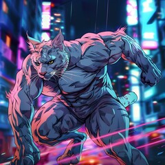 Powerful Feline Executing Intense Pushups in Futuristic Neon Lit Cityscape - 797830755