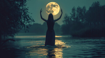 Art photo magic Fantasy woman and moon holding universe