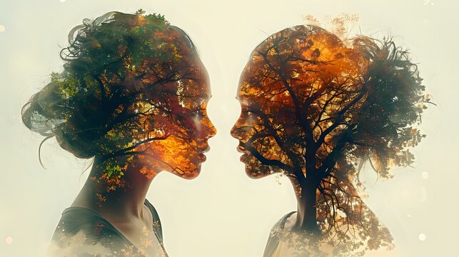 Nature's Embrace: Double Exposure of Humans and Nature