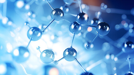 A blue and white molecules with a blue background concept of chemistry 