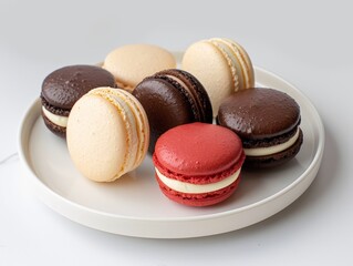 French macarons arranged in a minimalist fashion on a white plate.