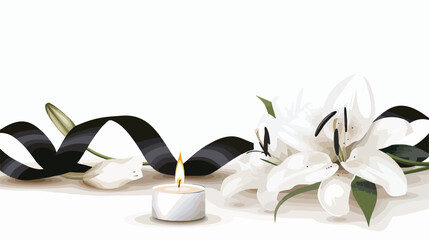Lily flowers black funeral ribbon and burning candle