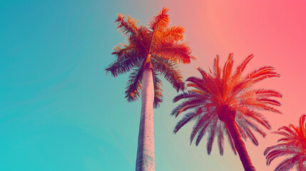 Colorful background with palm trees, summer concept. Retro color gradient in the style of various artists