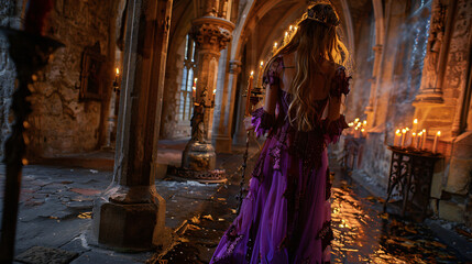 Art photo of medieval girl princess walks in dark goth
