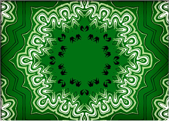 Abstract, a vibrant kaleidoscope pattern with varying shades of green and black, creating a symmetrical, mandala-like design, within a border