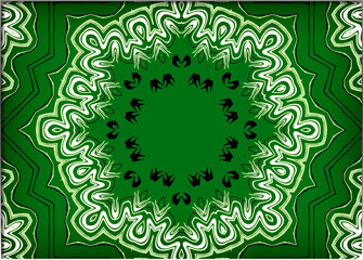 Abstract, a vibrant kaleidoscope pattern with varying shades of green and black, creating a symmetrical, mandala-like design, within a border