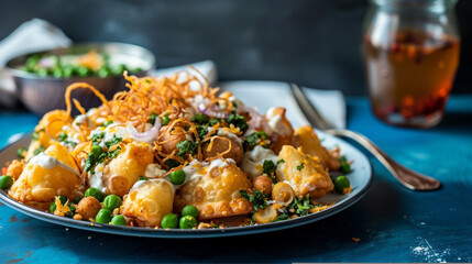 A side view of a plate of samosa chaat with deep-fried pastries filled with potatoes, peas, and spices, crushed and topped with yogurt, tamarind chutney, sev, and spices, and served with green peas. 
