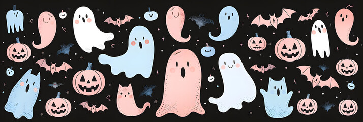 many pink and blue ghosts, bats, and pumpkins on a black background in a vector illustration with simple lines in a cute and pastel colored halloween themed