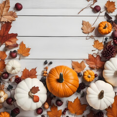 Festive autumn decor from pumpkins, berries and leaves on a white wooden background. Concept of Thanksgiving day or Halloween. Flat lay autumn composition with copy space.