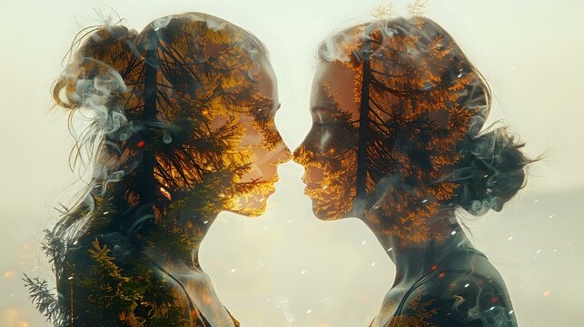 Golden Glow: Double Exposure of Humans and Nature
