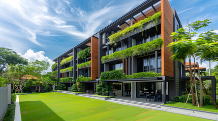 Modern apartment building in Singapore with greenery and lawn 