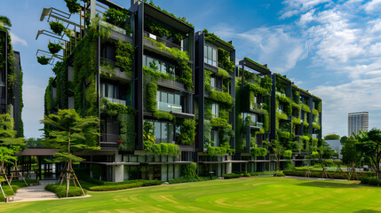 Modern apartment building in Singapore with greenery and lawn 
