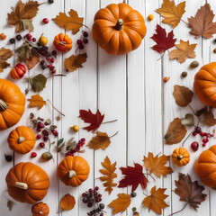 Festive autumn decor from pumpkins, berries and leaves on a white wooden background. Concept of Thanksgiving day or Halloween. Flat lay autumn composition with copy space.