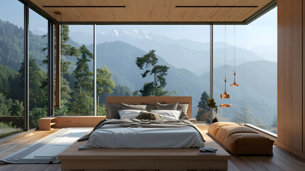 modern bedroom with large windows overlooking the mountains. bed on wooden platform