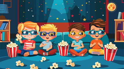 Little children in 3D glasses with popcorn watching 
