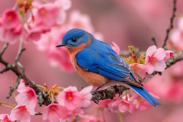 Obraz premium Bluebird perched on cherry blossom branch