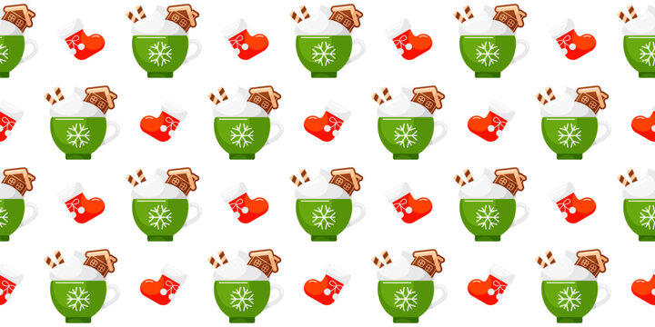 Christmas seamless pattern with mugs with coffee or hot chocolate and red socks. Winter background with green cups with cocoa, whipped cream and gingerbread, vector cartoon illustration
