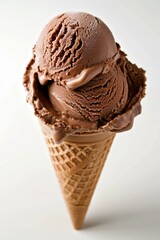 A scoop of chocolate ice cream in a cone