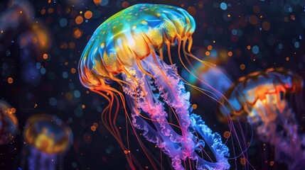 A colorful jellyfish is floating in the dark blue water