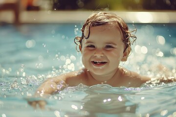 A baby is smiling and splashing in a pool