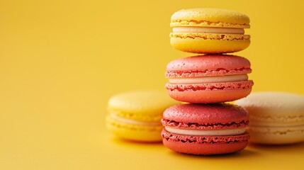 Three different colored macarons stacked on top of each other