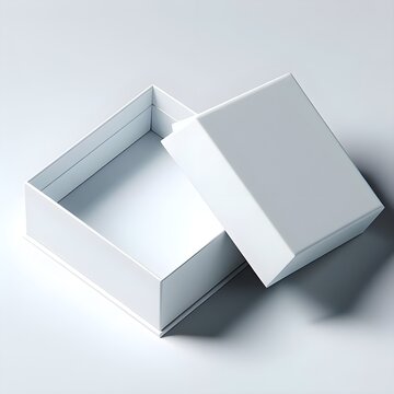 Mockup box. Realistic white paper packaging top view, empty open cardboard package and cap. 3d carton square container, mockup for presents and goods storage vector isolated 