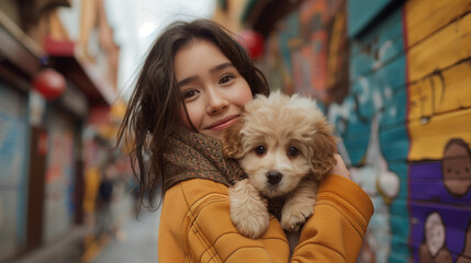 A young Asian woman shares a heartwarming hug with her adorable puppy, against the colorful...