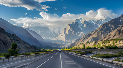 Fototapeta premium On both sides of the highway are picturesque mountains. and a picturesque 8K ultra-high definition picture 