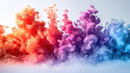 Fototapeta premium Generative AI Illustration of colorful smoke horizontal flow isolated on white background. Creative dynamic backdrop digital art.