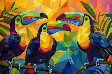Naklejka premium An abstract tapestry of toucans in the twilight, their vibrant beaks and forms creating a visually striking composition against the tropical hues