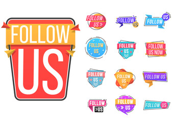 Promo sticker, badge. Follow us typography for web site, blog banner and ads. Creative speech bubble. Can be used for business, advertising in social media. Vector linear social media tag.
