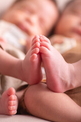 Twins together Newborn little human baby feet and hands