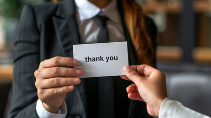 Businessman holding a card with a message Thank You. 