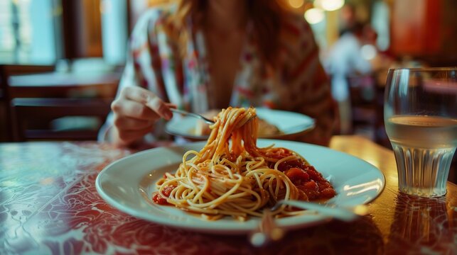 A woman in a long, loose robe enjoys a plate of pasta with tomato sauce at a dining establishment.