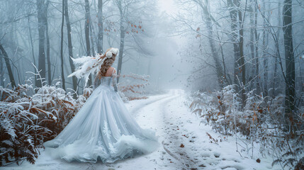 Art photo real people Fantasy woman snow queen walking