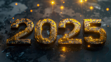 Large golden numbers 2025 on a dark background with lights. Happy New Year 2025. Holiday card design.
