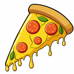Vector illustration. Pizza cutout with melted cheese and pepperoni. Cartoon stickers in comic style with contour. Decoration for greeting cards, posters, patches, clothing prints, emblems