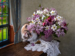 Curious kitty and bouquet of lilac and flowers