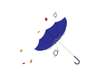強風でひっくり返る傘と紅葉した葉が舞うイラスト