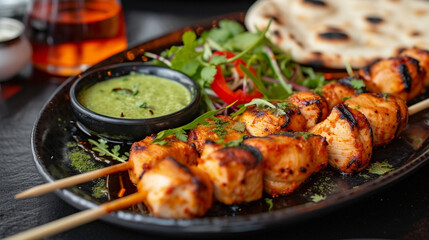 Fototapeta premium A vibrant and visually pleasing plate of chicken tikka, with marinated and grilled chicken pieces, served with mint chutney and naan bread.