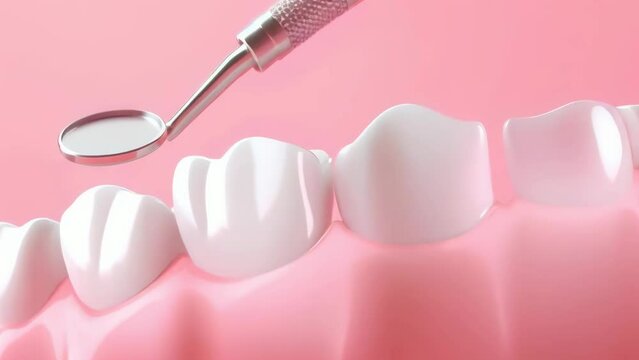 Pristine white teeth under examination with a dental mirror, embodying dental hygiene and the precision of professional dental assessments. Professional teeth cleaning and fluoride coating