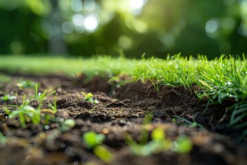 close-up of the sod being carefully laid down, with a focus on the texture of the grass and soil