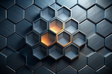 3d abstract metallic hexagon background with black and blue glowing light effects