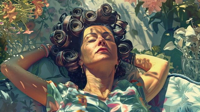 A woman with her hair in curlers relaxes in her garden.