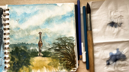 Top view of watercolor sketchbook and tools for painting. Drawing African landscape and giraffe in album for aquarelle. Learn to draw animals. Film grain texture. Soft focus. Blur