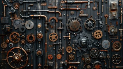 A pile of old gears and mechanical parts arranged on iron sheets