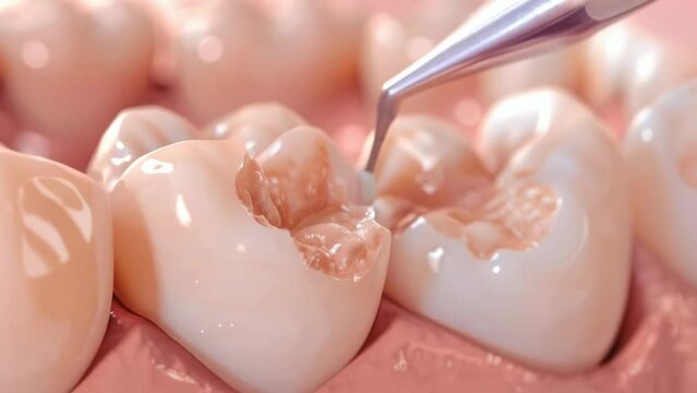 A dental explorer examining tooth decay in a close-up view, illustrating the detailed process of cavity treatment in dentistry. Drilling into tooth enamel. Removal of nerve and caries. Filling